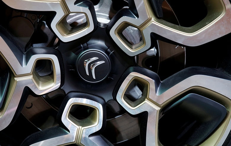 A Citroen logo is seen on a wheel at the Mondial de l'Automobile, Paris aut show, during media day in Paris