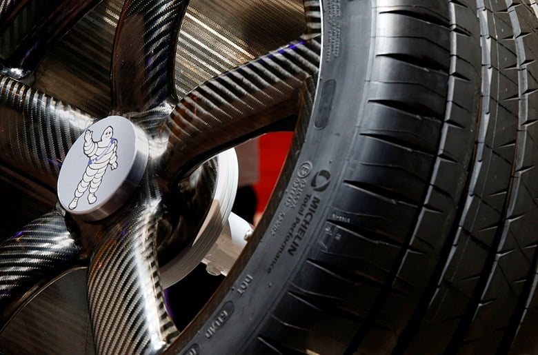 The logo of French tyre maker Michelin is seen on tyre at the Mondial de l'Automobile, Paris auto show, during media day in Paris, France, September 30, 2016. REUTERS/Jacky Naegelen
